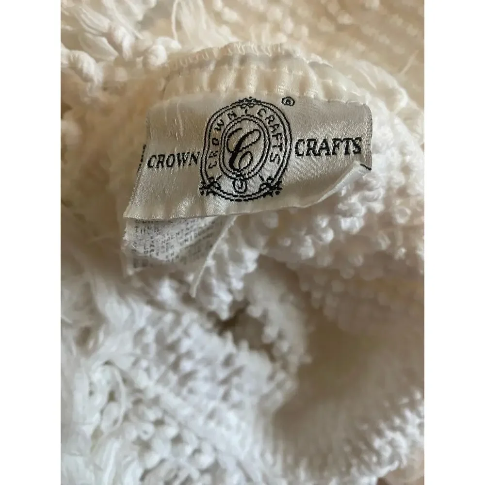 Vintage Crown Craft White Chenille Bedspread Coverlet Bohemian Queen Fringe